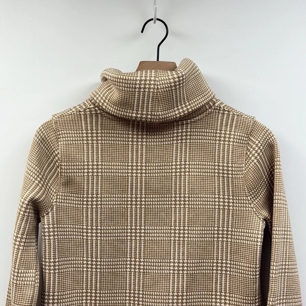 NWOT J. Crew Houndstooth Plaid Fleece Funnel Neck Pullover Sweater Tan XS